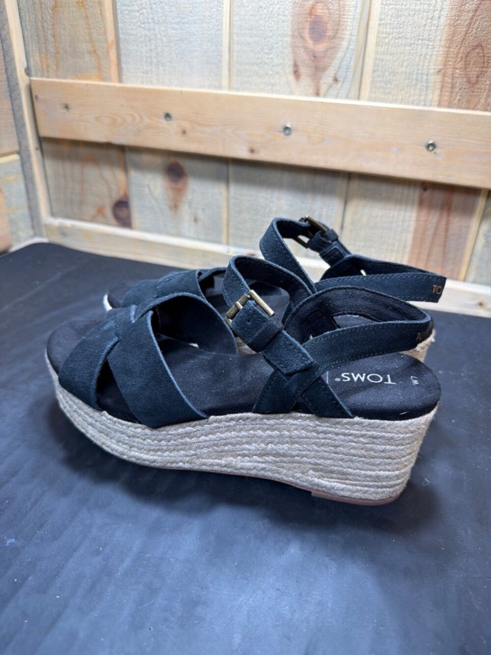 TOMS Monica Black Suede Espadrille Platform Wedge Sandals Women Size 7 US 37.5EU - Picture 6 of 9